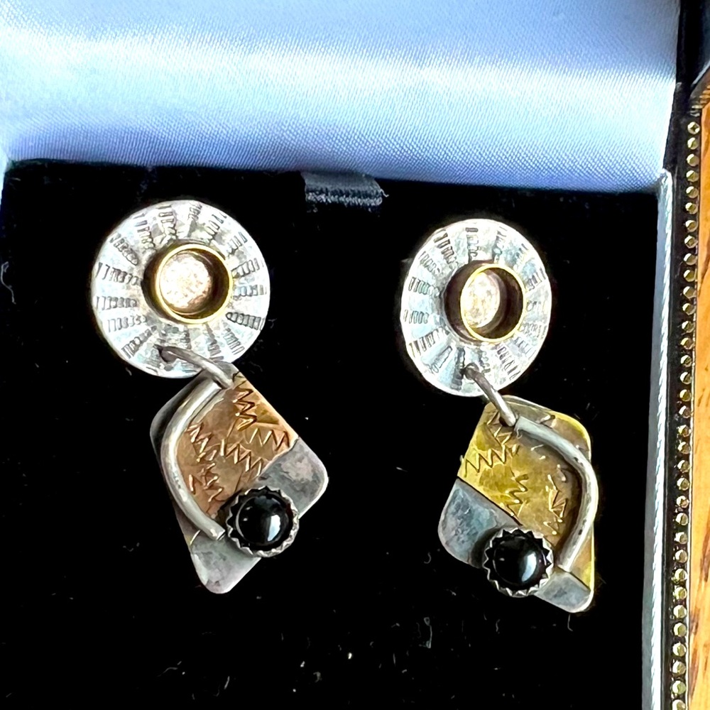 Angela Duffin Vintage 🖤Onyx Sterling Silver Mixed Metal Steampunk Earrings 1991